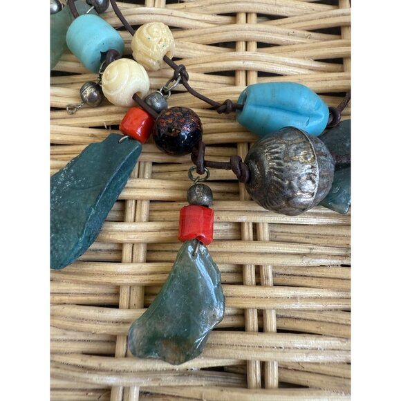 Vintage 80s Double Strand Necklace Carved Agate Trade Beads Boho - Picture 15 of 16